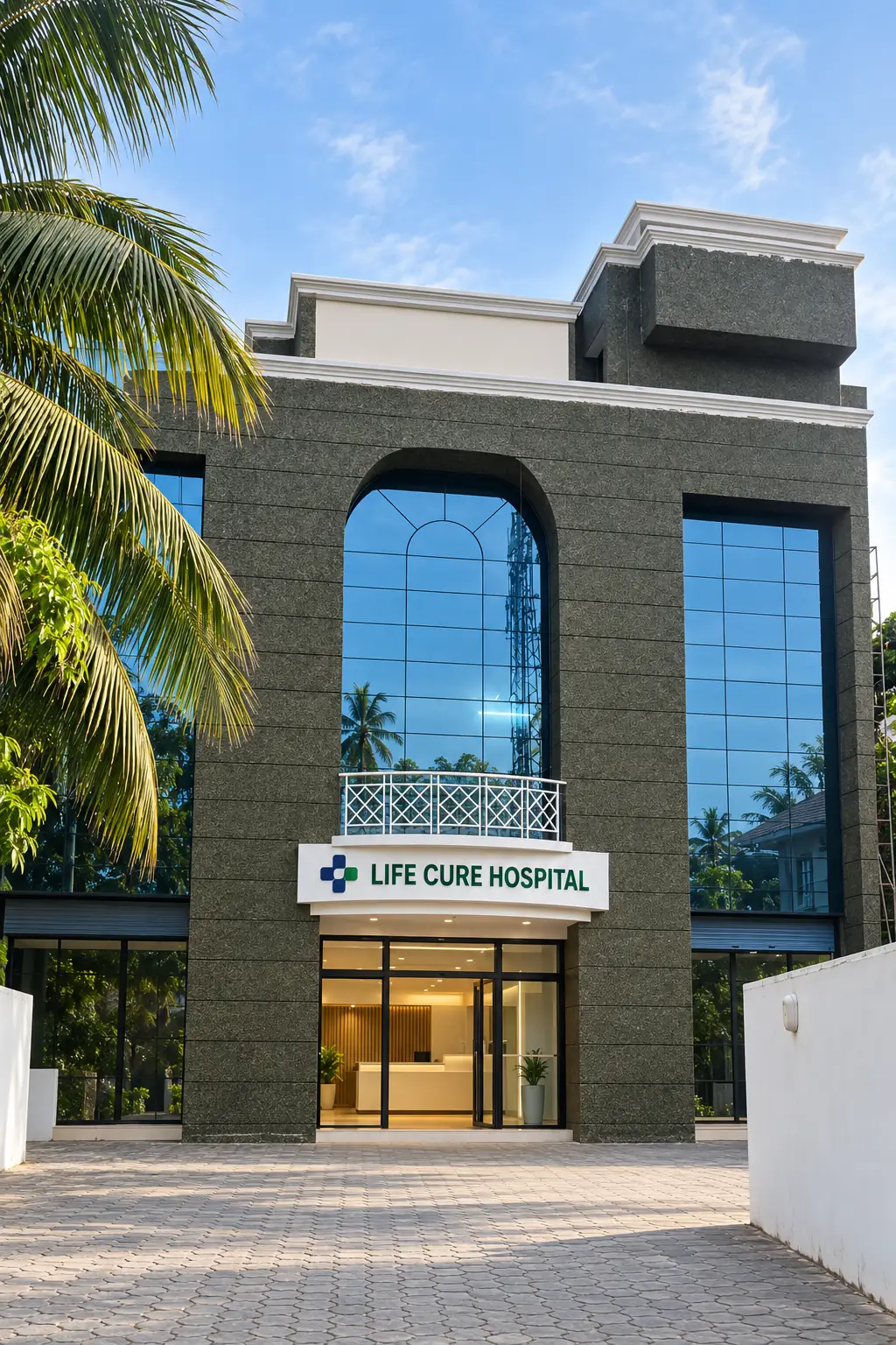 Life Cure Hospital building in morning light, with its arched glass window and entrance canopy