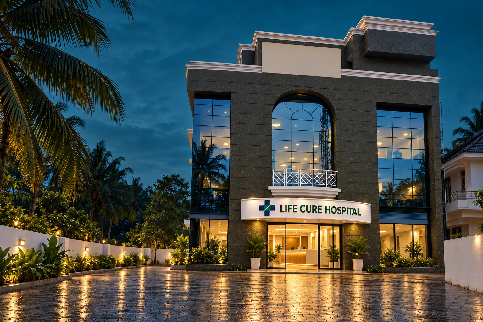 Life Cure Hospital lit up at dusk after rain