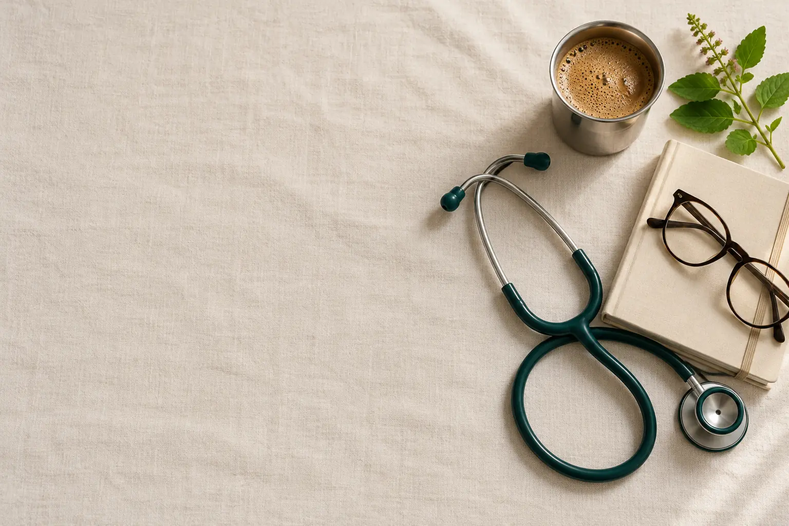 A stethoscope, glasses, tulsi leaves and a cup of coffee on linen