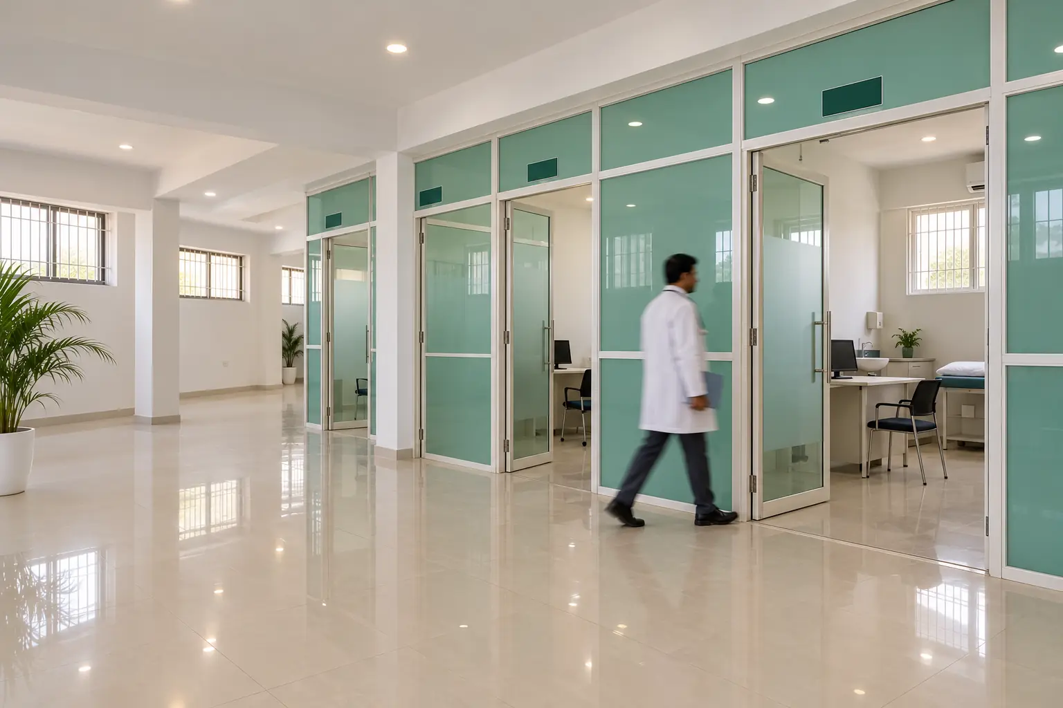 A doctor walking past the mint-glass OPD consultation rooms