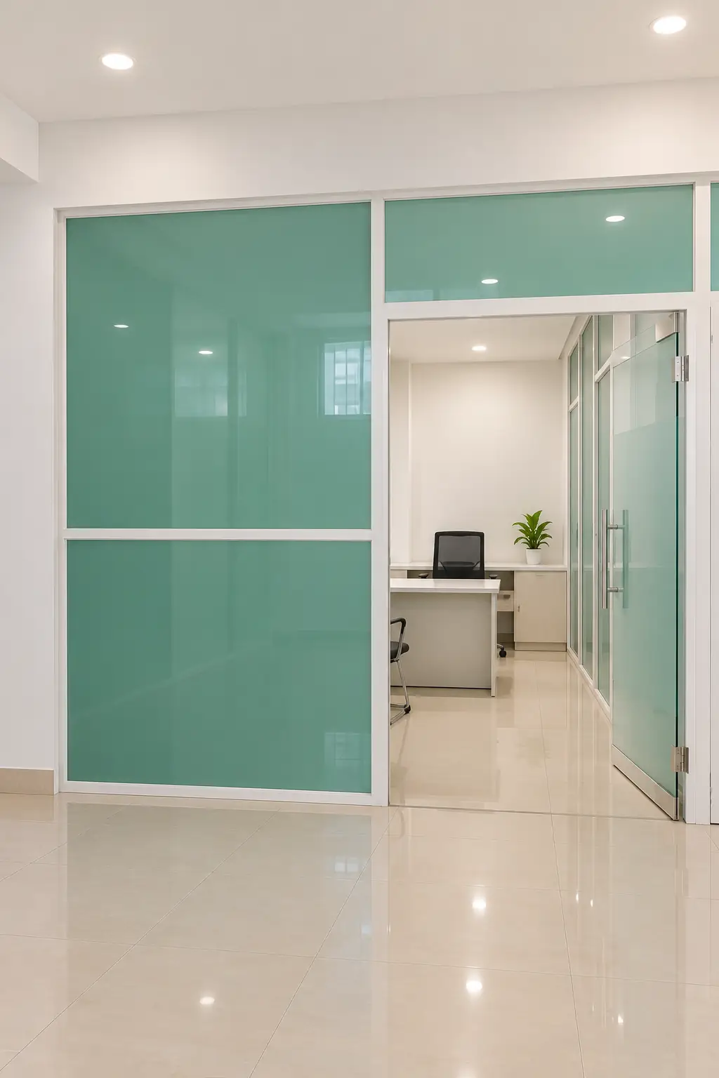 A doctor walking past the mint-glass OPD consultation rooms