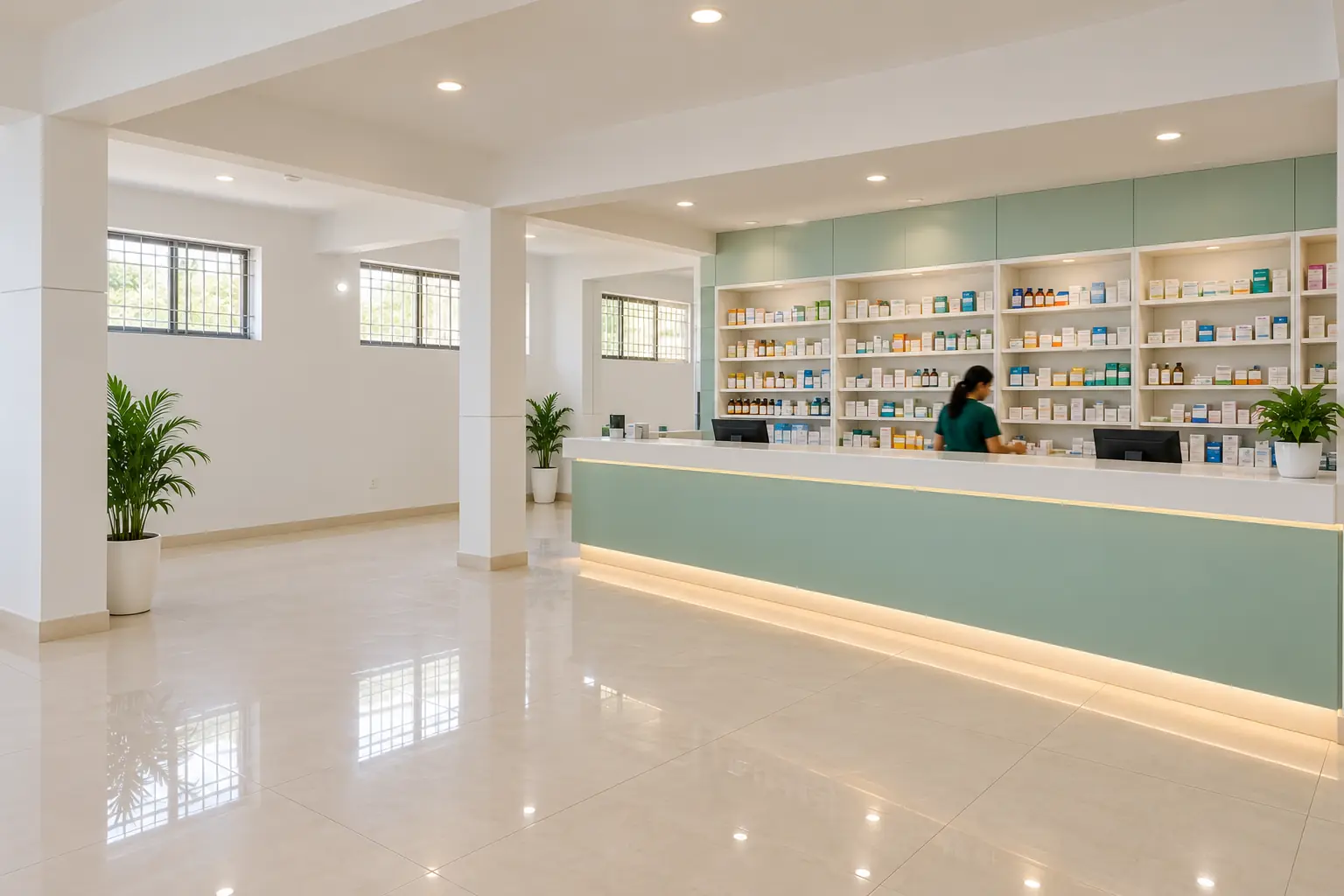 The in-house pharmacy counter with stocked shelves