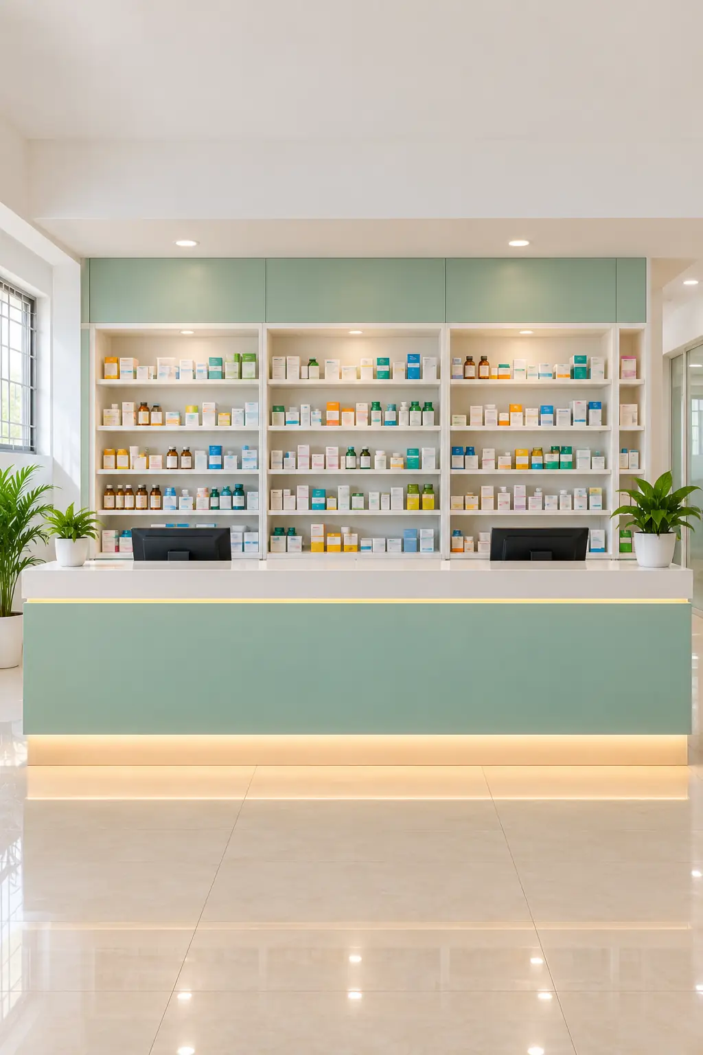 The in-house pharmacy counter with stocked shelves