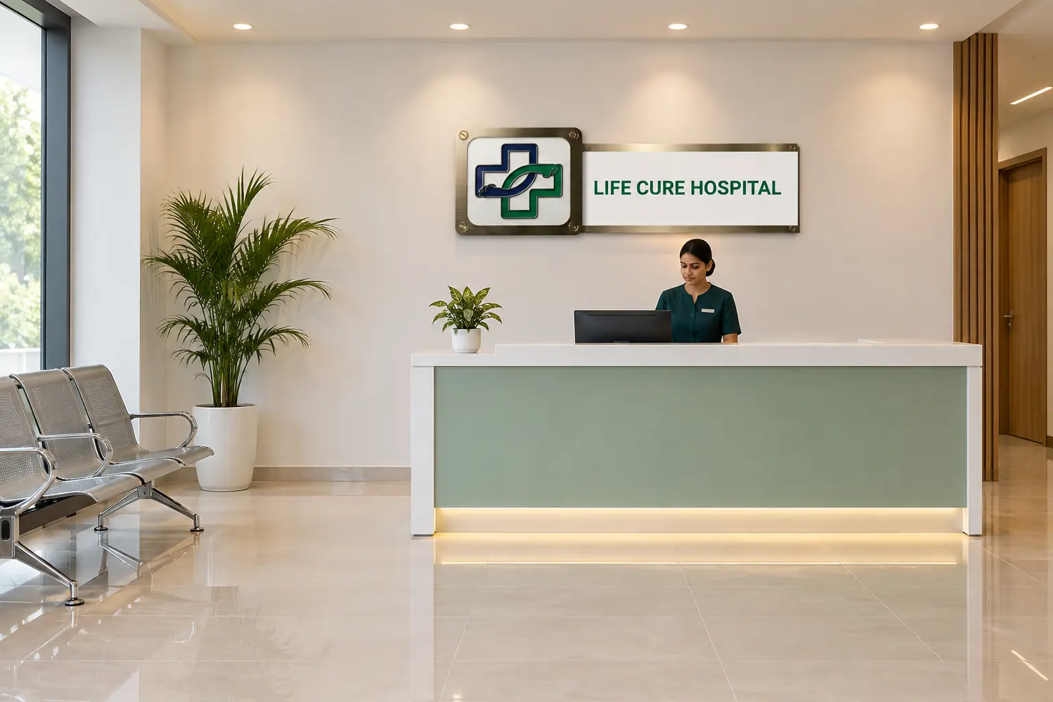 The Life Cure Hospital reception desk with the hospital logo