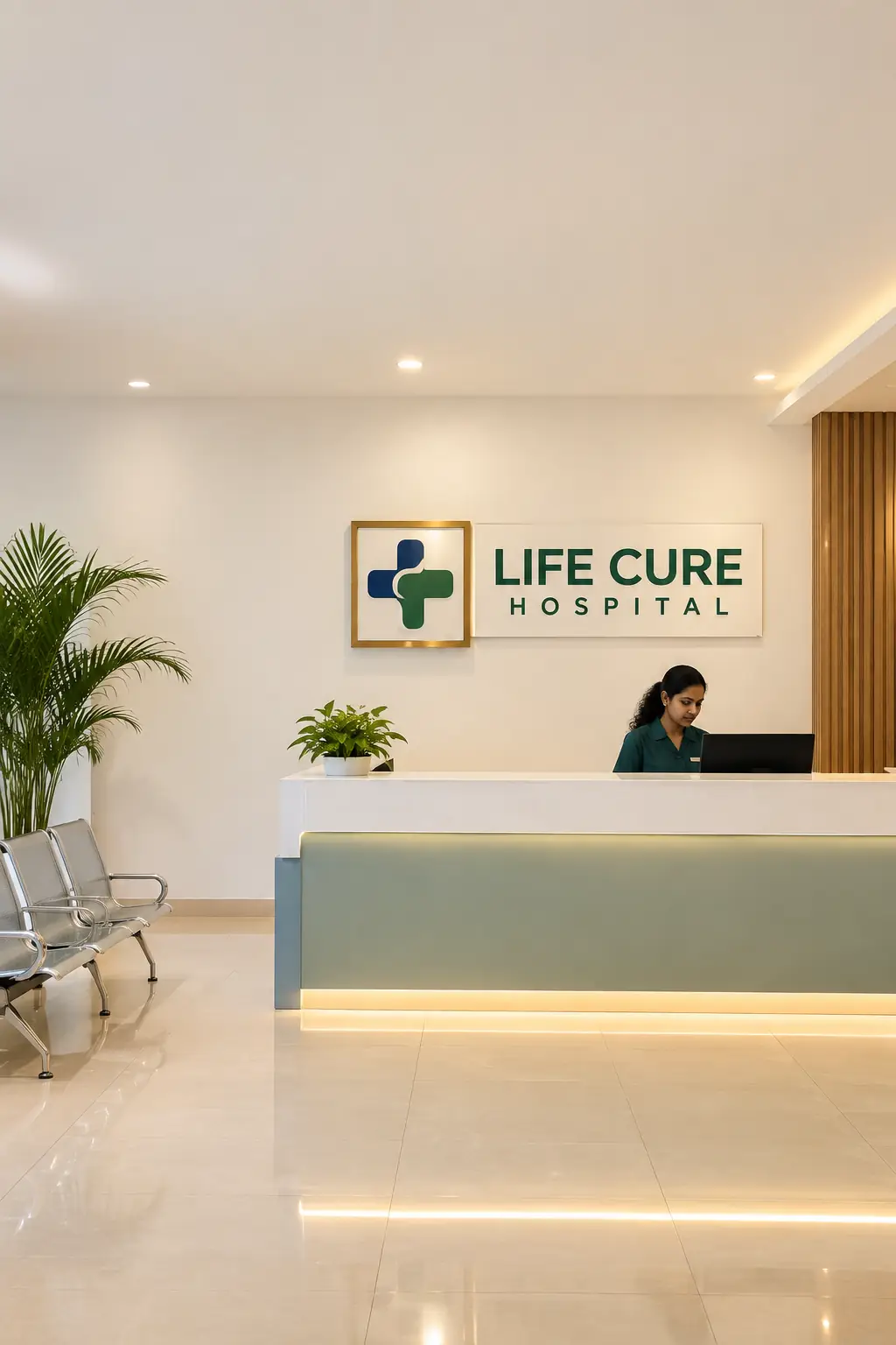 The Life Cure Hospital reception desk with the hospital logo