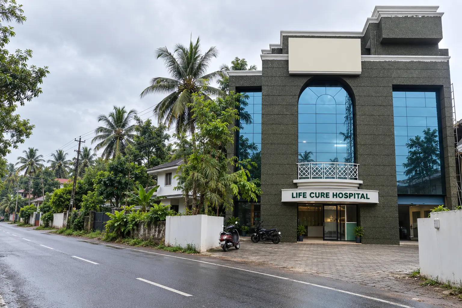 Life Cure Hospital on the palm-lined road in Puthur